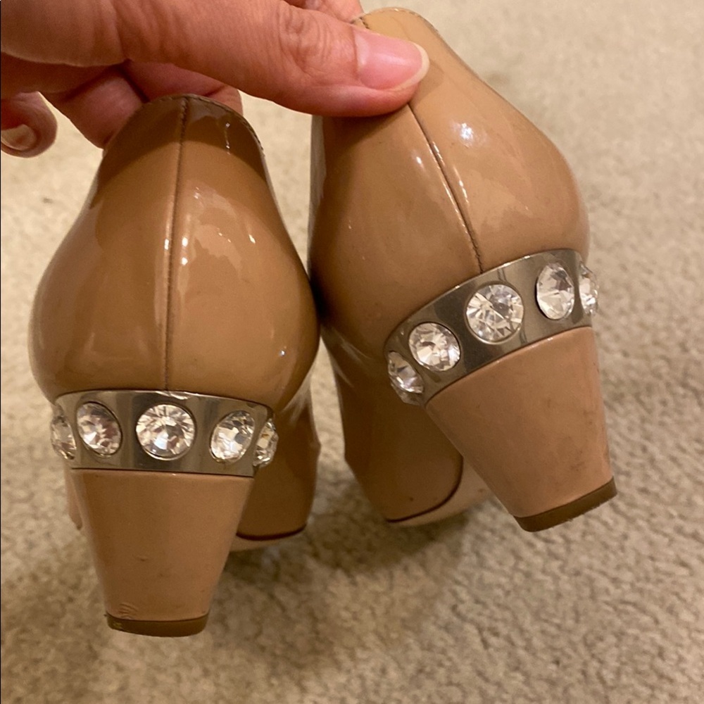 Miu Miu Tan Heels with Silver Crystal Details